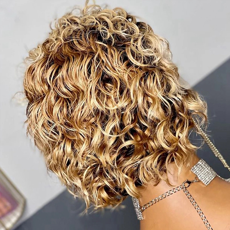 Human Hair Curly Wig T Part Pixie Cut Wigs - 图片 8